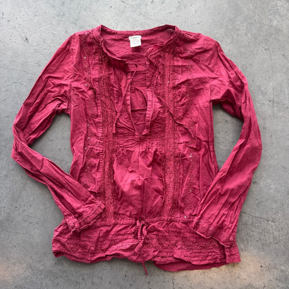 Vintage Y2k Sequin Tie Deep V 100% Red Longsleeve Women's Top Medium